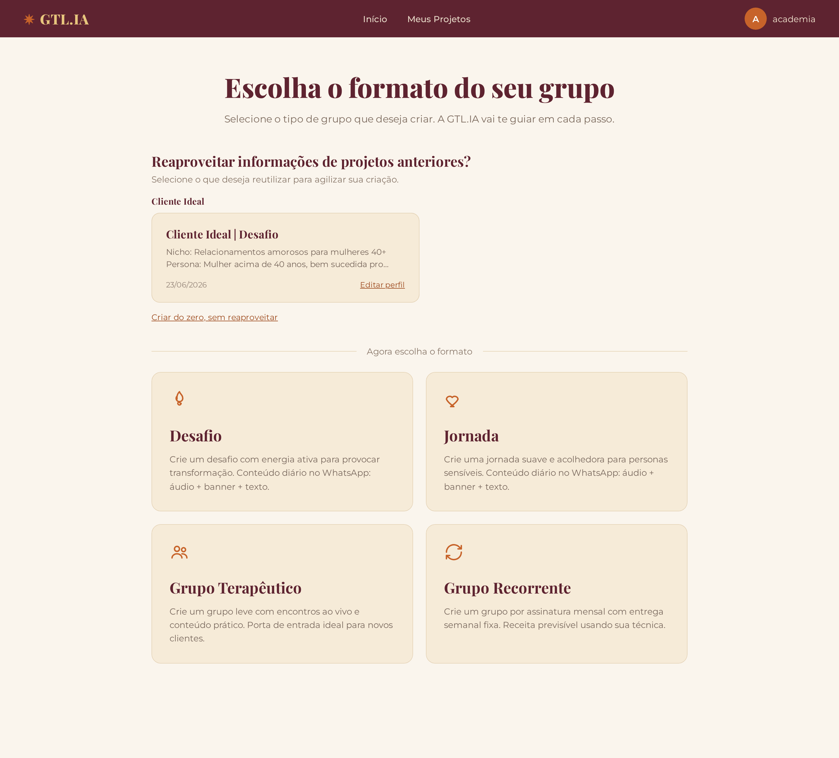 Escolha dos 4 formatos de grupo no Portal GTL.IA